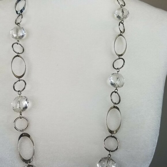 Clear Bead Necklace 32" Silver Tone Oval Chain Mod Retro Style - Picture 3 of 7
